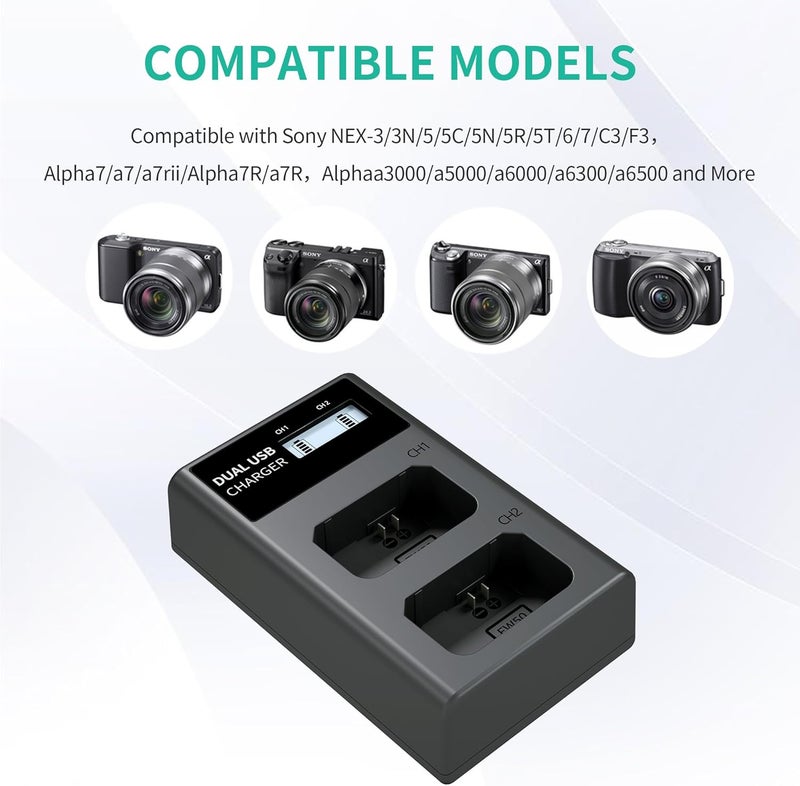 L & P NP-FW50 Battery Charger, LCD Dual Charger Compatible with Sony Alpha A6000, A6400, A6100, A6300, A6500, A5100, A7, A7 II, A7R, A7R II, A7R2, A7S, A7S II, A7S2, A5000, A3000, RX10, NEX-3/5/7 Series - Image 2